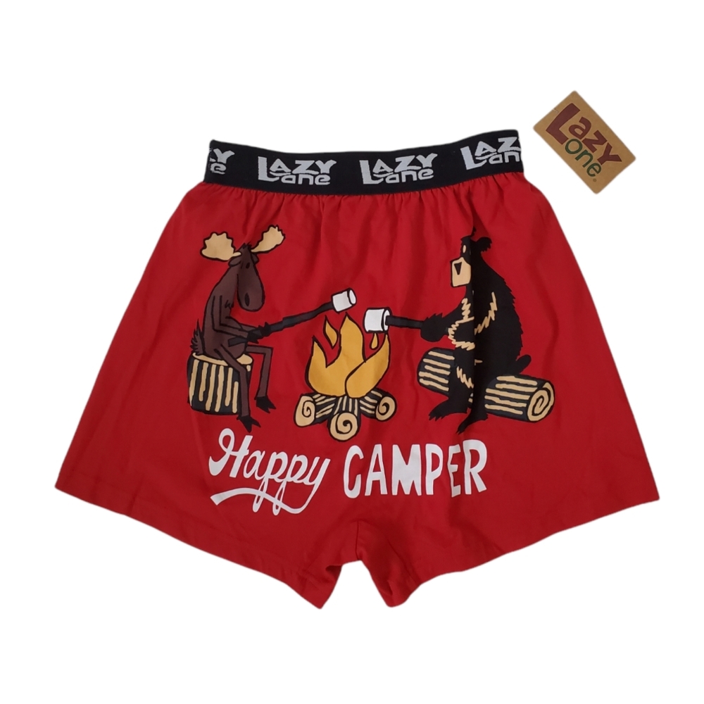 Lazy One Happy Camper Red Boxer Brief Shorts Men's New NWT Sz Small